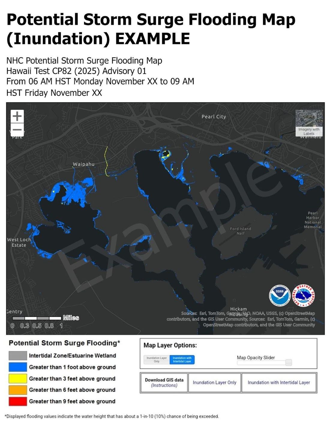 NOAA Potential Storm Surge Flooding Map showing inundation levels in a coastal area