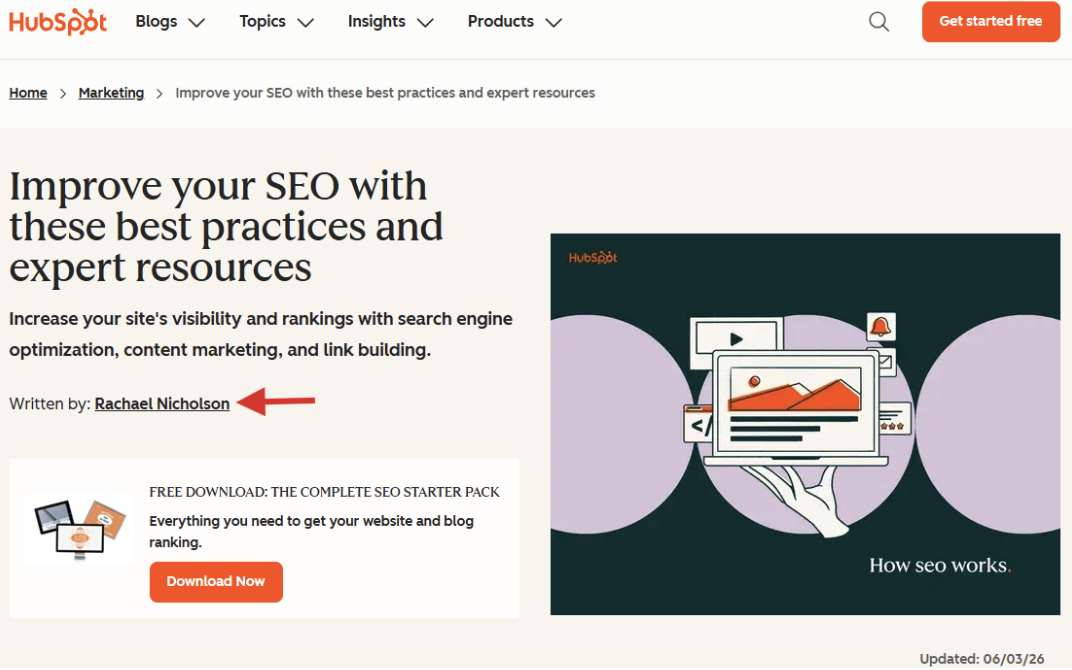 HubSpot article titled 'Improve your SEO with these best practices and expert resources' with a red arrow pointing to the byline: Written by Rachael Nicholson