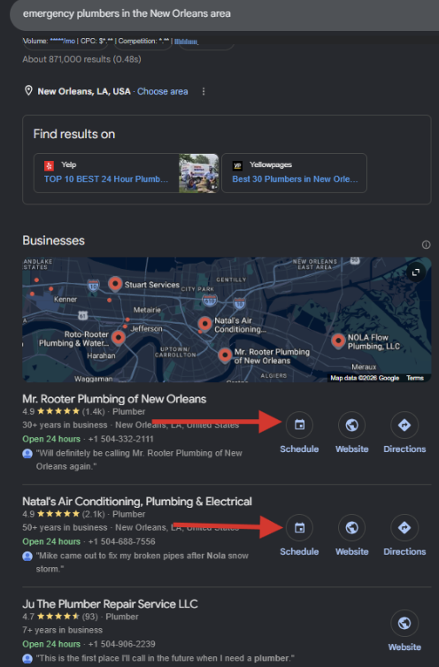 Google local results for 'emergency plumbers in the New Orleans area' showing plumbing businesses with Schedule, Website, and Directions buttons highlighted