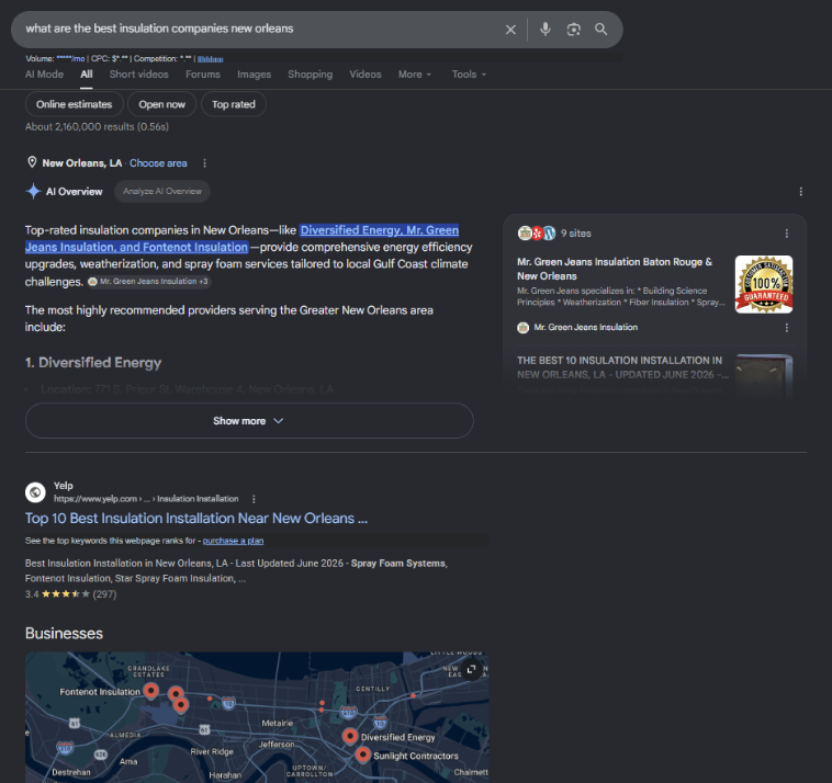 Google search results for 'what are the best insulation companies new orleans' showing an AI Overview at the top of the page