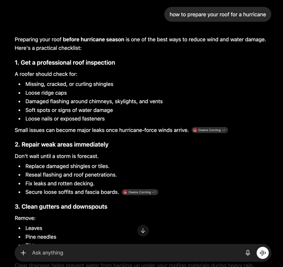 ChatGPT answer to 'how to prepare your roof for a hurricane' — a generic numbered checklist with no location-specific advice