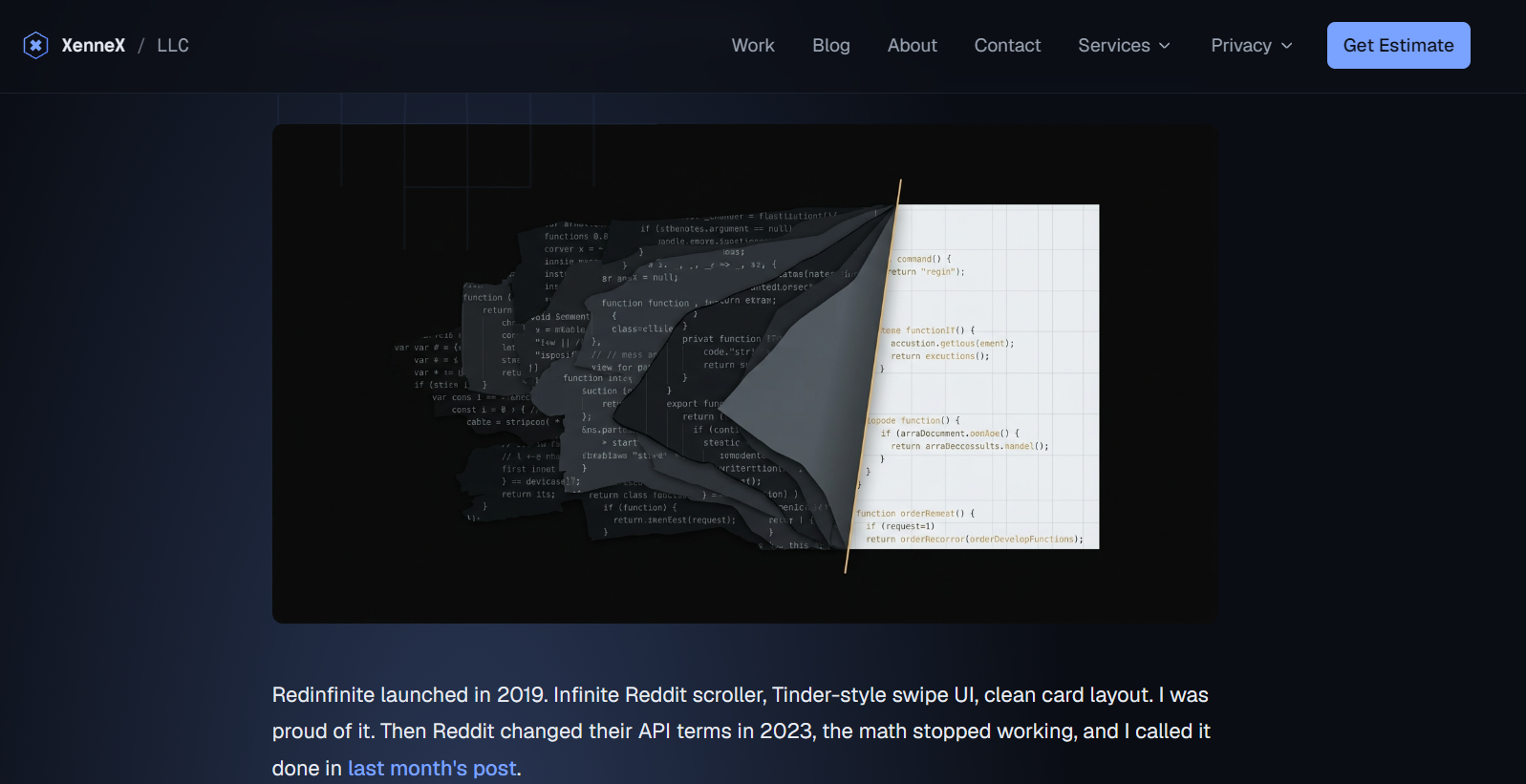 A XenneX blog post with a custom illustration of code peeling away from a page