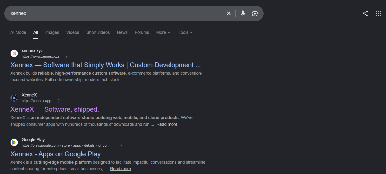 Google results for the query xennex