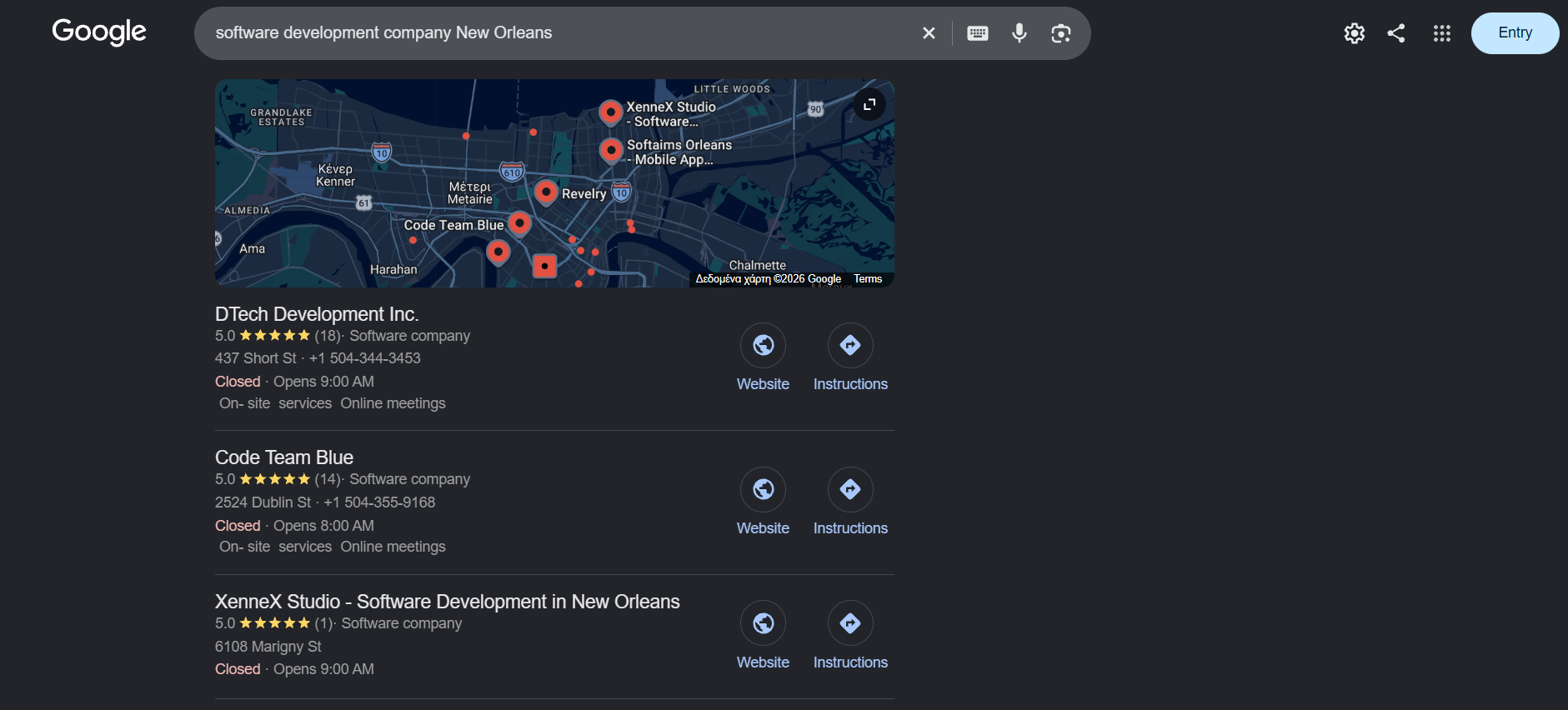Google local pack for software development company New Orleans