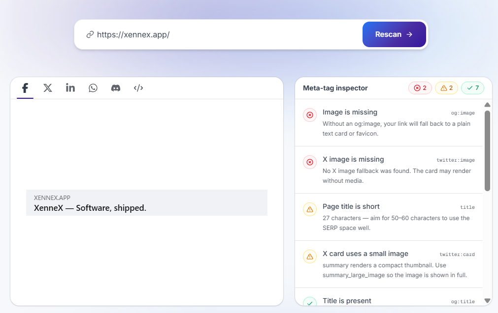 A social share preview tool showing xennex.app with no preview image